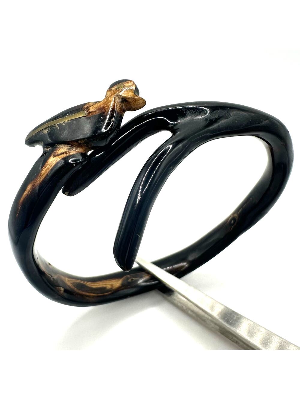 Vintage carved genuine black coral bird figural bypass bangle bracelet